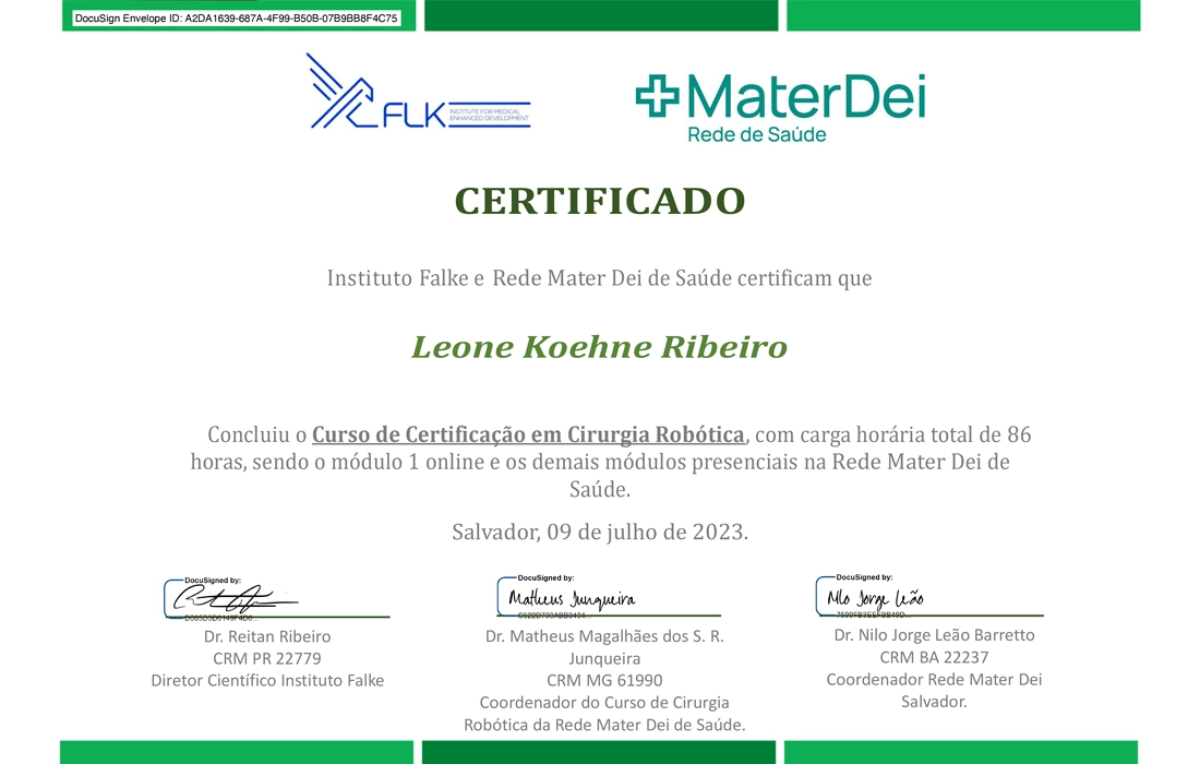 Certificado de Cirurgia Robótica pelo Instituto Falke e Hospital Mater Dei