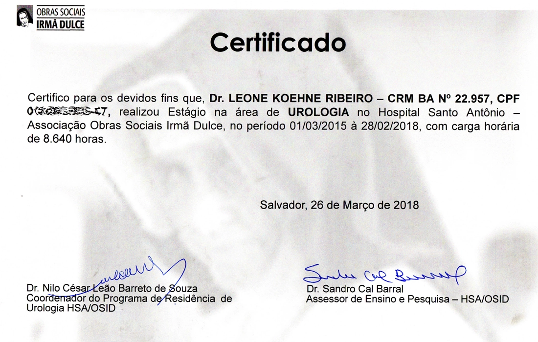 Certificado da Residência de Urologia pela OSID